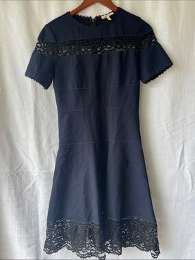 Rebecca Taylor Navy Fit & Flare Dress with Black Lace Trim Size 4